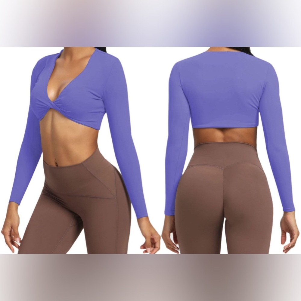 Aoxjox Sienna Twist Deep V Long Sleeve Crop Top - violet, S